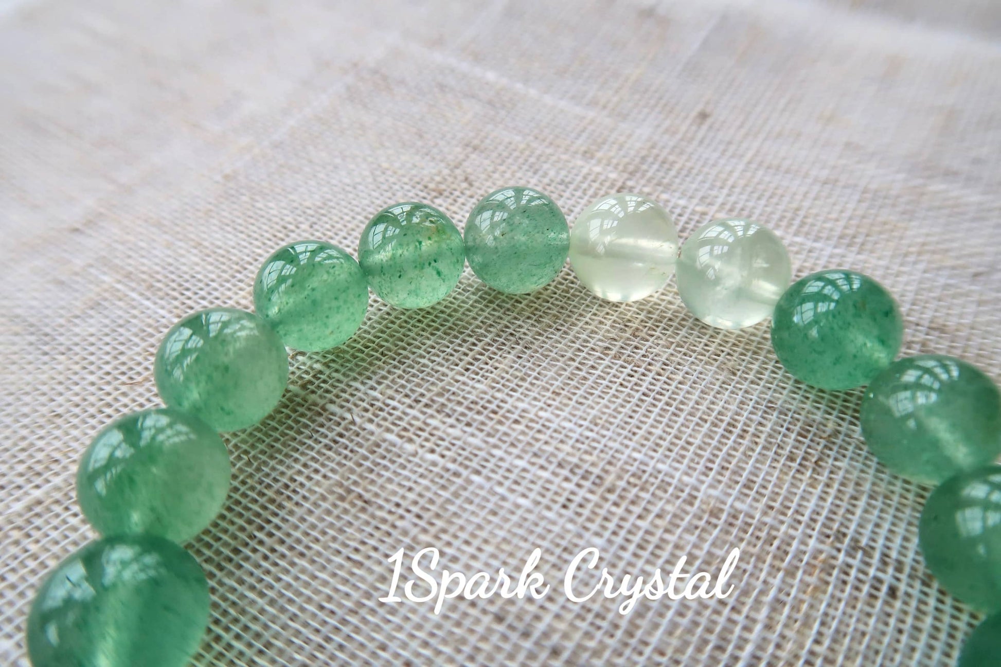 Detailed close-up of the Mindful Journey bracelet highlighting the soft, translucent prehnite crystals, symbolizing healing, growth, and clarity