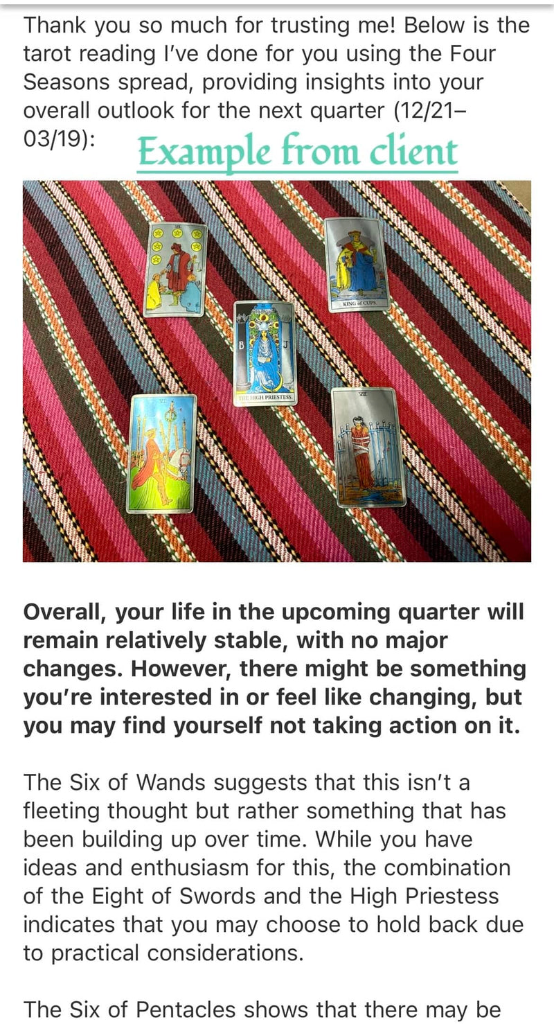 Four Seasons Tarot spread sample provided by a client, showcasing a visually appealing arrangement for seasonal energy readings