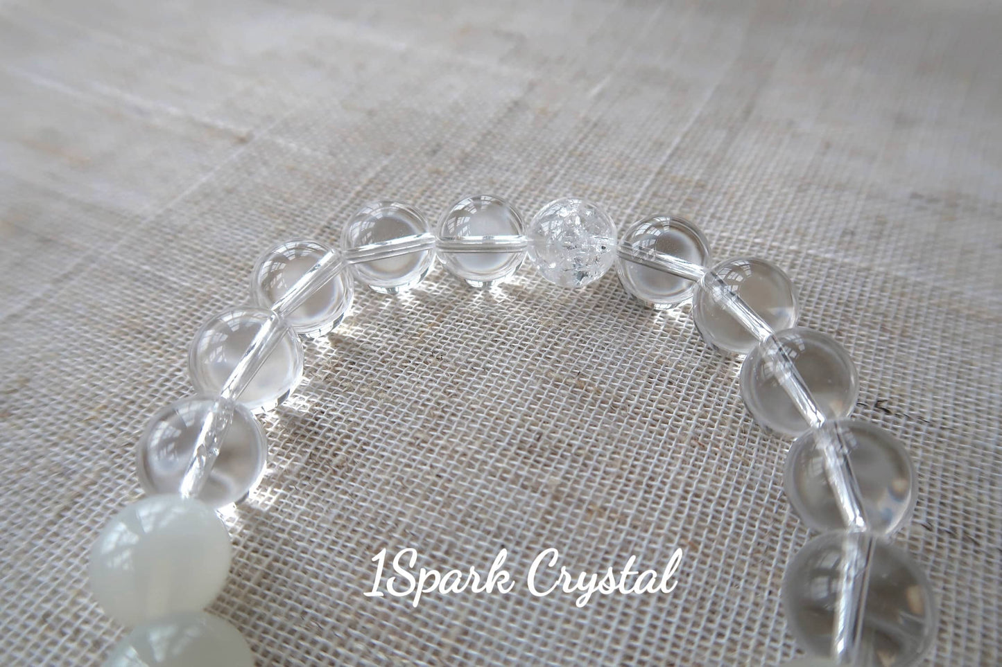 Detailed close-up of the Soul Cleanse bracelet featuring the delicate and luminous white moonstone crystals, promoting emotional balance and inner peace