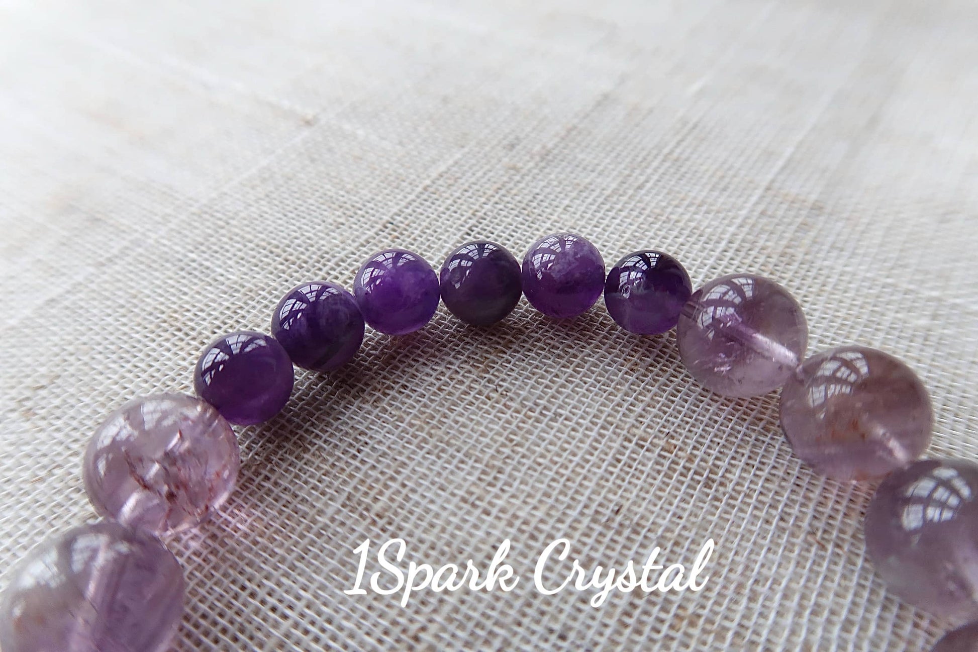 Detailed close-up of Success Path bracelet featuring deep purple amethyst crystals, promoting inner peace, balance, and success