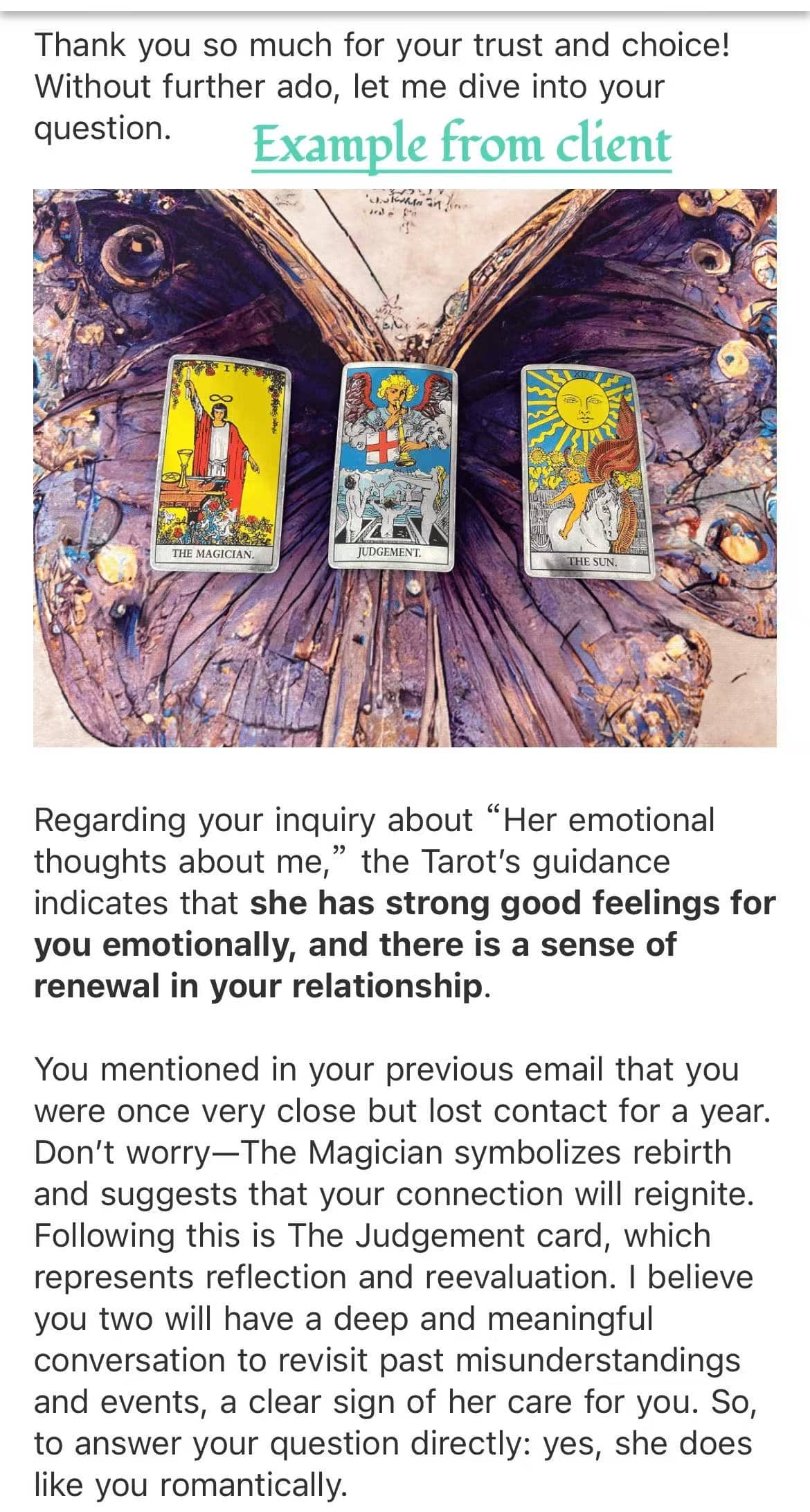 Three unique Tarot spread samples from a client, demonstrating diverse layouts for intuitive and insightful readings