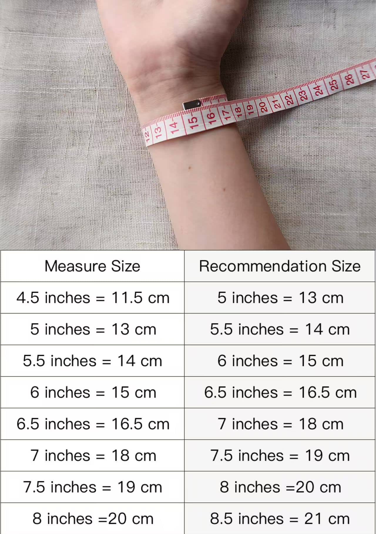 A wrist measurement guide with a detailed chart, assisting customers in selecting the perfect bracelet size for their wrist